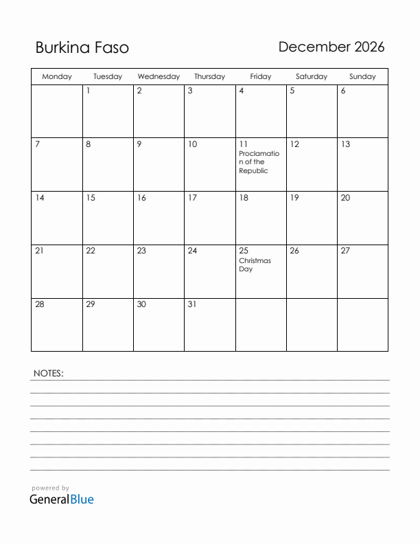 December 2026 Burkina Faso Calendar with Holidays (Monday Start)