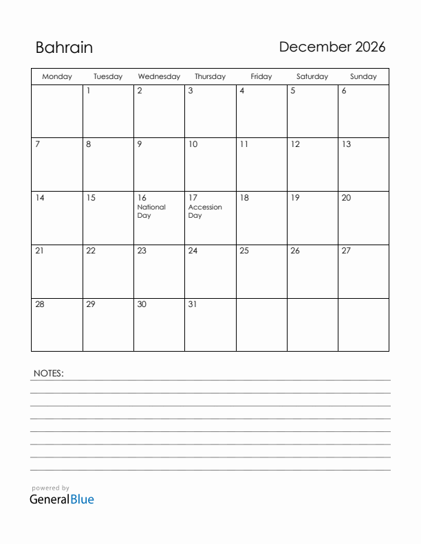 December 2026 Bahrain Calendar with Holidays (Monday Start)