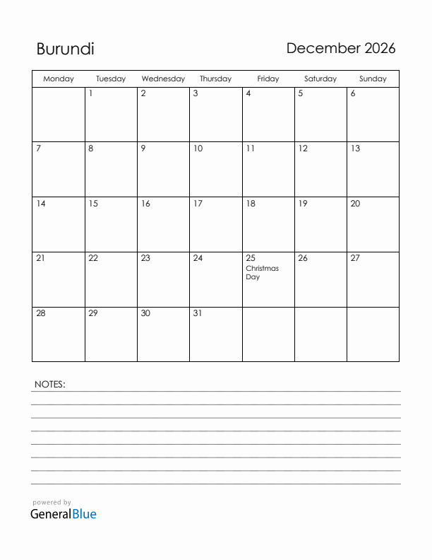 December 2026 Burundi Calendar with Holidays (Monday Start)