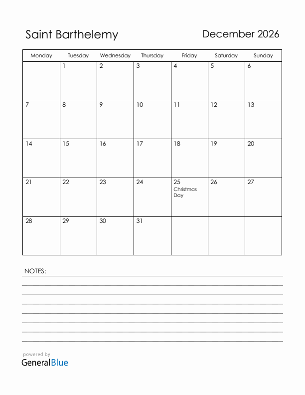 December 2026 Saint Barthelemy Calendar with Holidays (Monday Start)