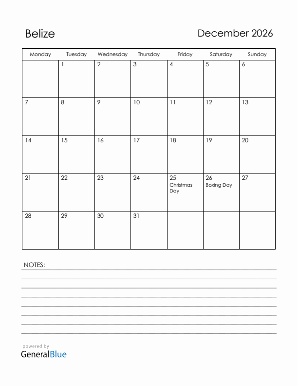 December 2026 Belize Calendar with Holidays (Monday Start)