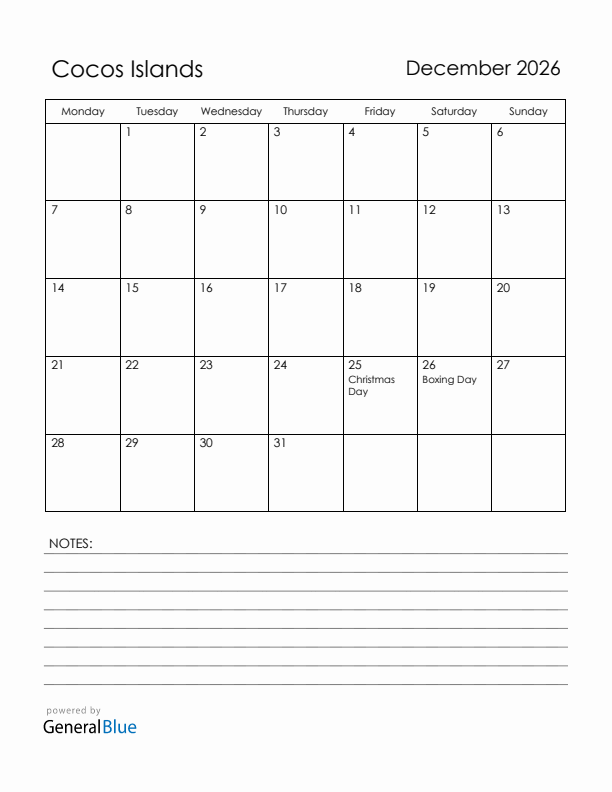 December 2026 Cocos Islands Calendar with Holidays (Monday Start)