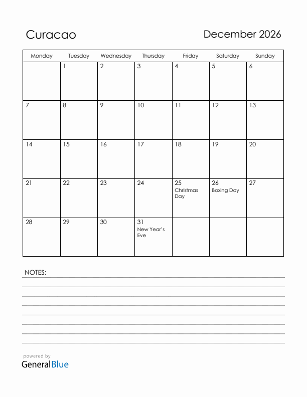 December 2026 Curacao Calendar with Holidays (Monday Start)