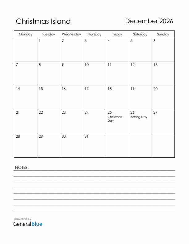 December 2026 Christmas Island Calendar with Holidays (Monday Start)