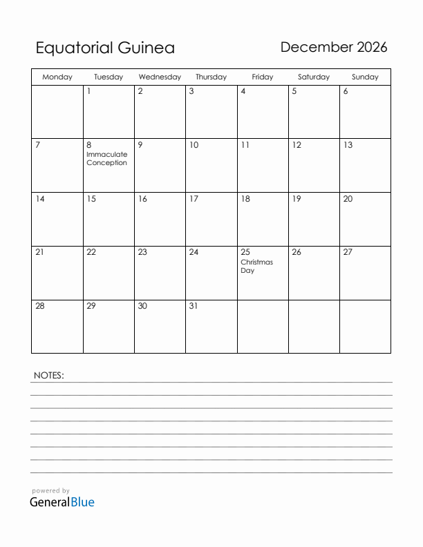 December 2026 Equatorial Guinea Calendar with Holidays (Monday Start)