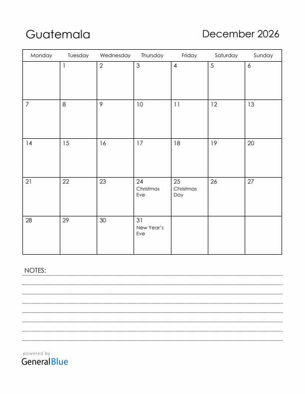 December 2026 Guatemala Calendar with Holidays (Monday Start)