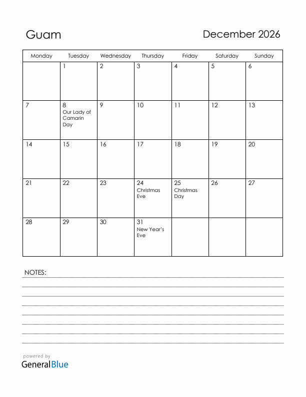 December 2026 Guam Calendar with Holidays (Monday Start)