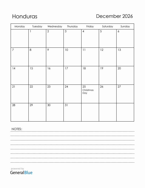 December 2026 Honduras Calendar with Holidays (Monday Start)