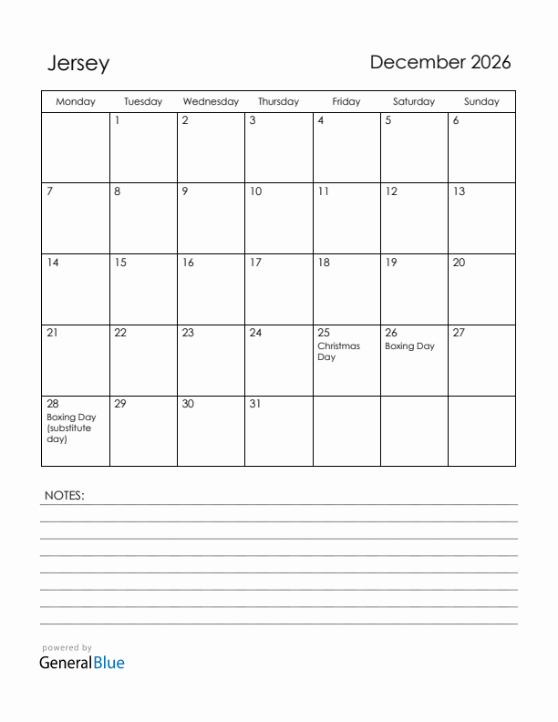 December 2026 Jersey Calendar with Holidays (Monday Start)