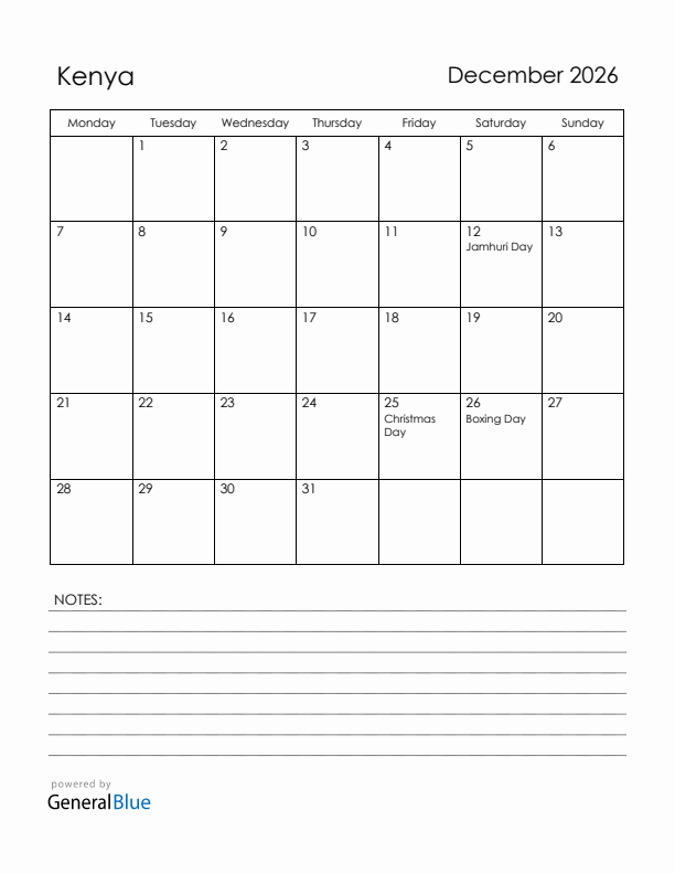 December 2026 Kenya Calendar with Holidays (Monday Start)