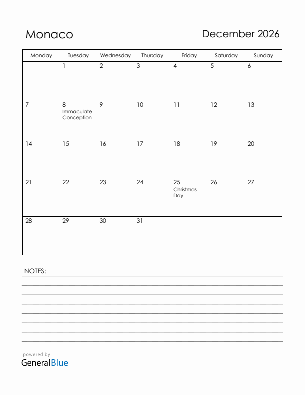 December 2026 Monaco Calendar with Holidays (Monday Start)