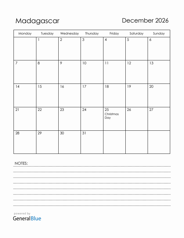 December 2026 Madagascar Calendar with Holidays (Monday Start)