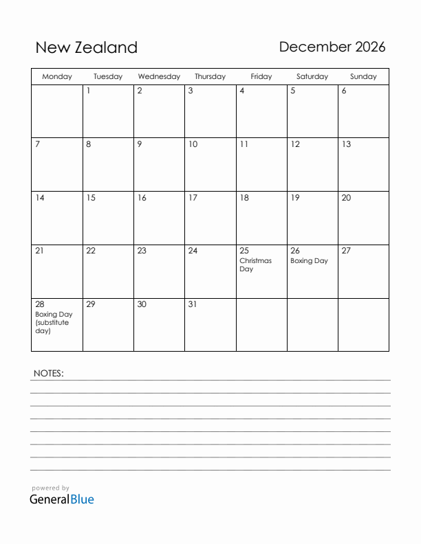 December 2026 New Zealand Calendar with Holidays (Monday Start)