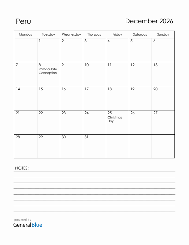 December 2026 Peru Calendar with Holidays (Monday Start)
