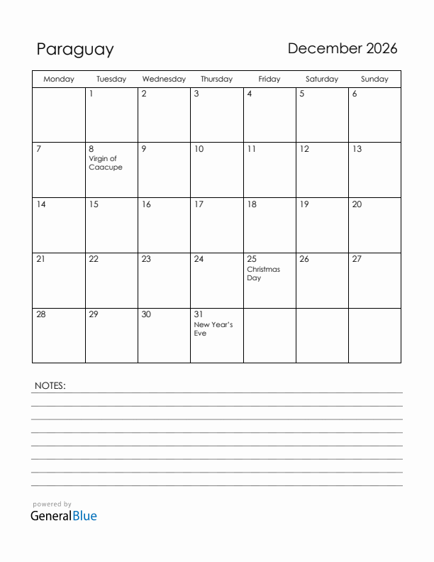 December 2026 Paraguay Calendar with Holidays (Monday Start)