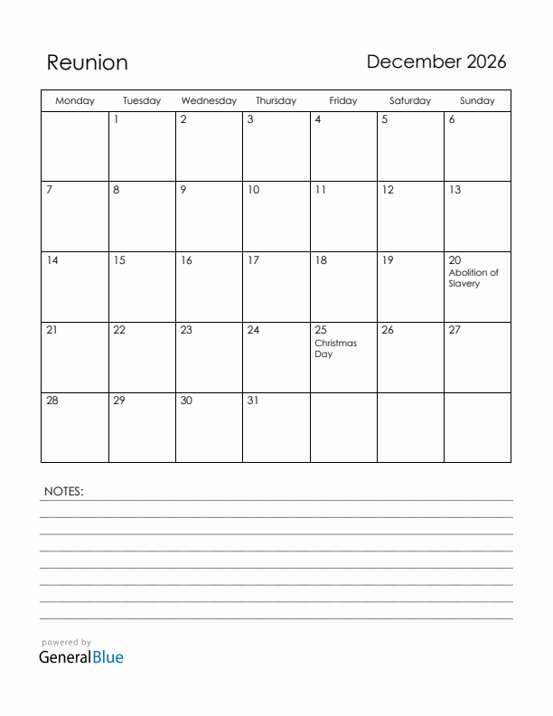 December 2026 Reunion Calendar with Holidays (Monday Start)