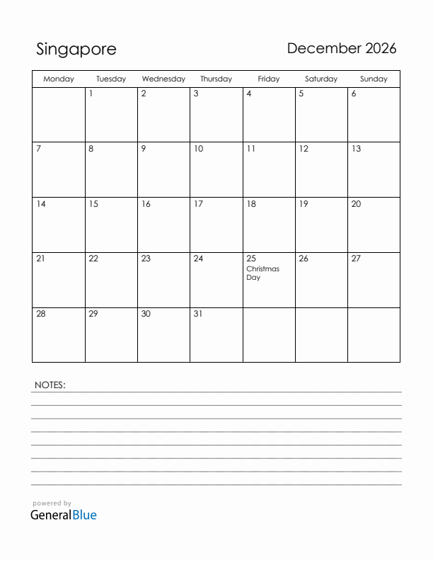 December 2026 Singapore Calendar with Holidays (Monday Start)