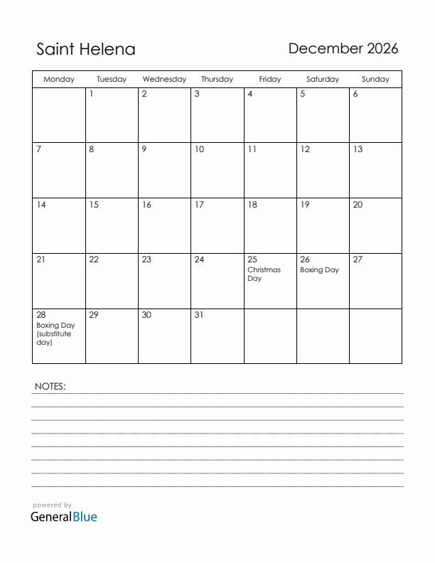 December 2026 Saint Helena Calendar with Holidays (Monday Start)