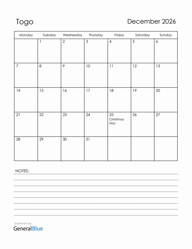 December 2026 Togo Calendar with Holidays (Monday Start)