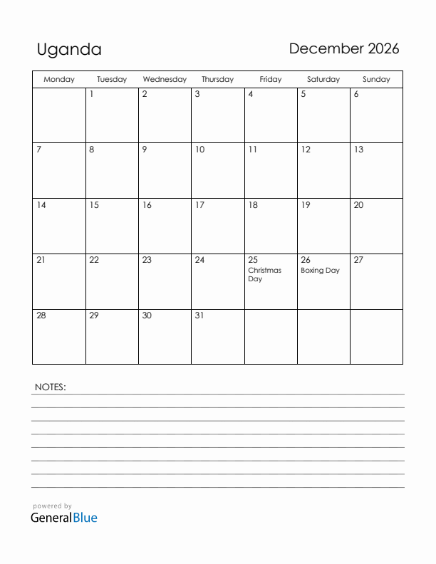 December 2026 Uganda Calendar with Holidays (Monday Start)