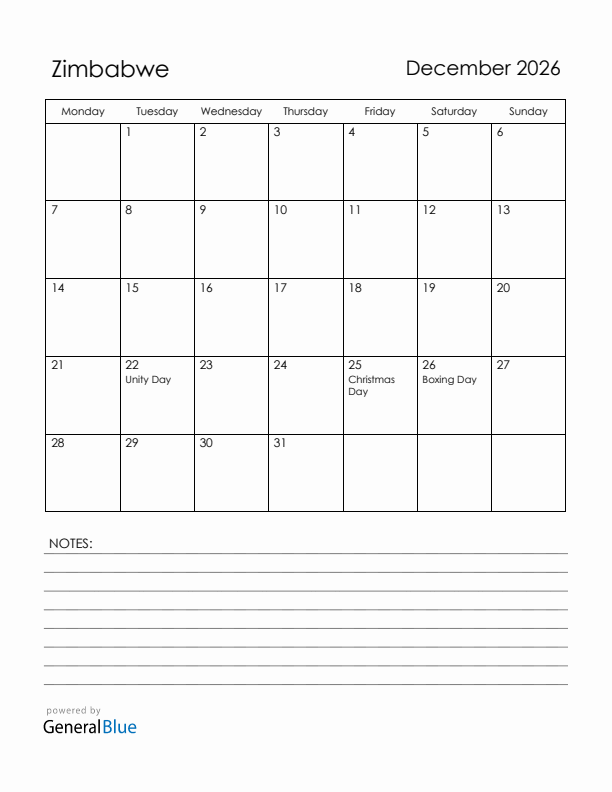 December 2026 Zimbabwe Calendar with Holidays (Monday Start)
