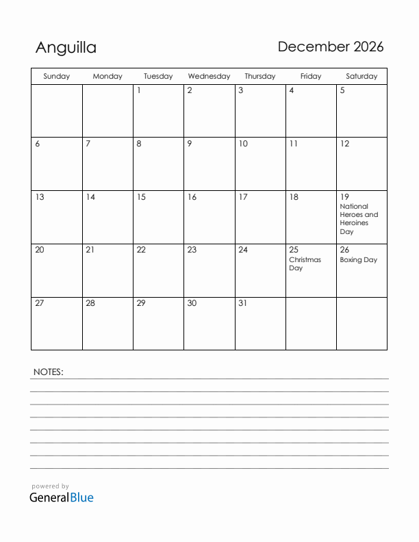 December 2026 Anguilla Calendar with Holidays (Sunday Start)