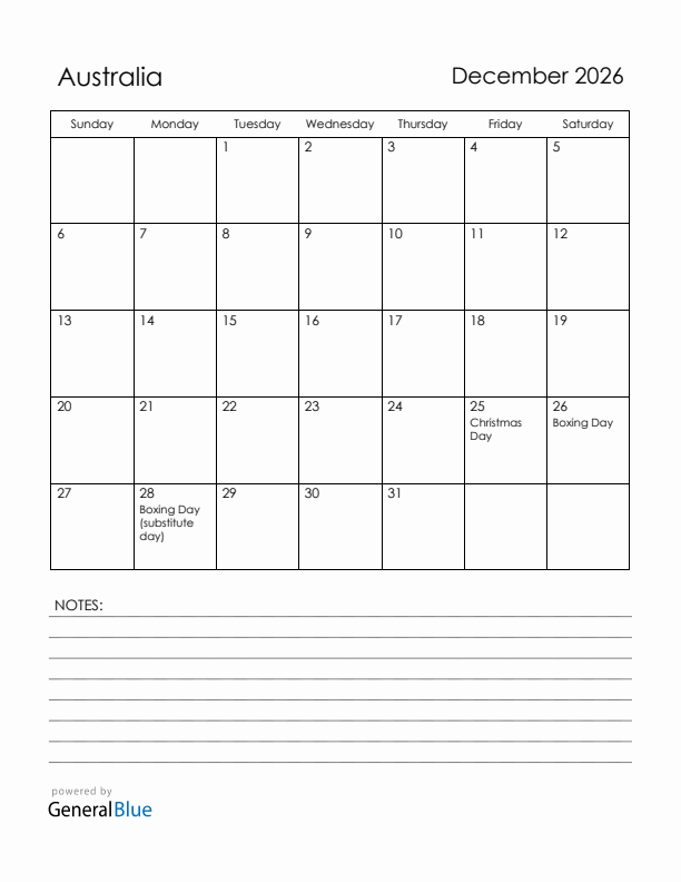 December 2026 Australia Calendar with Holidays (Sunday Start)