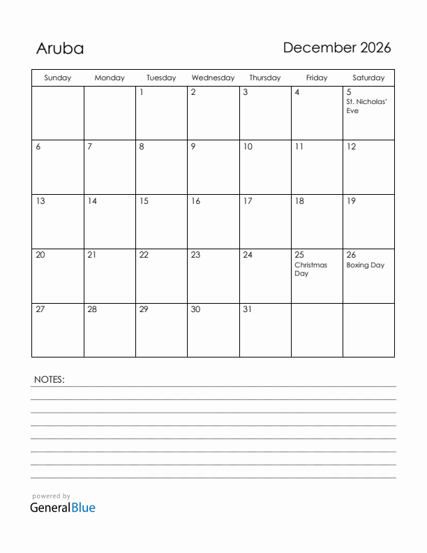 December 2026 Aruba Calendar with Holidays (Sunday Start)