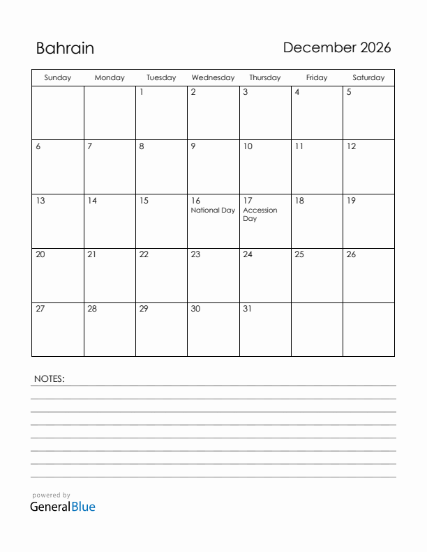 December 2026 Bahrain Calendar with Holidays (Sunday Start)