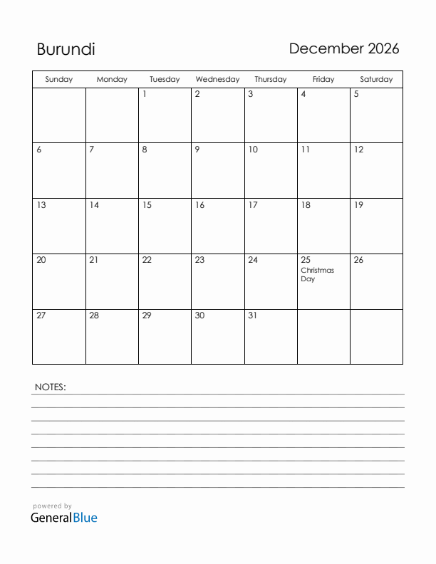December 2026 Burundi Calendar with Holidays (Sunday Start)