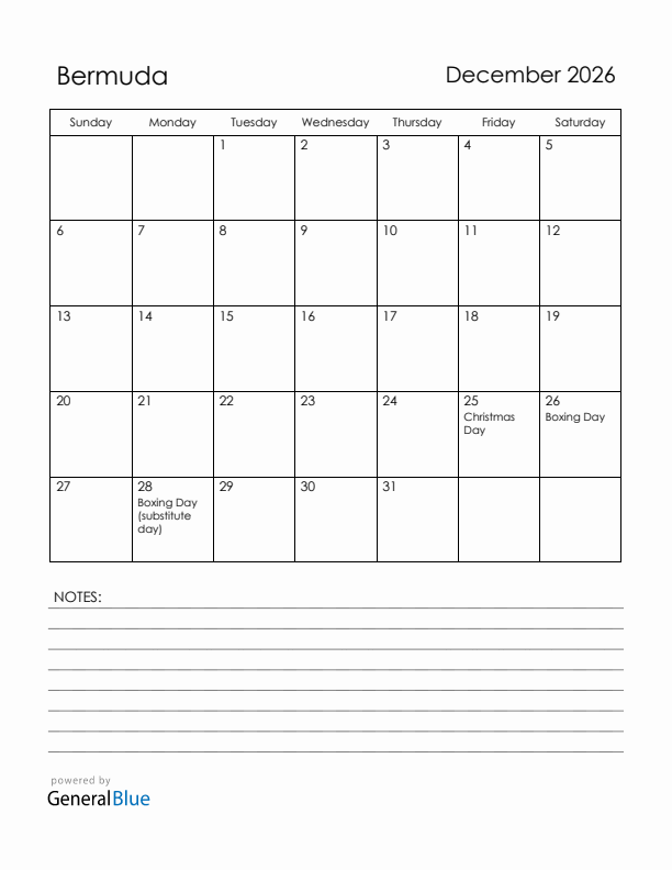 December 2026 Bermuda Calendar with Holidays (Sunday Start)