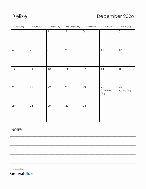 December 2026 Belize Calendar with Holidays (Sunday Start)