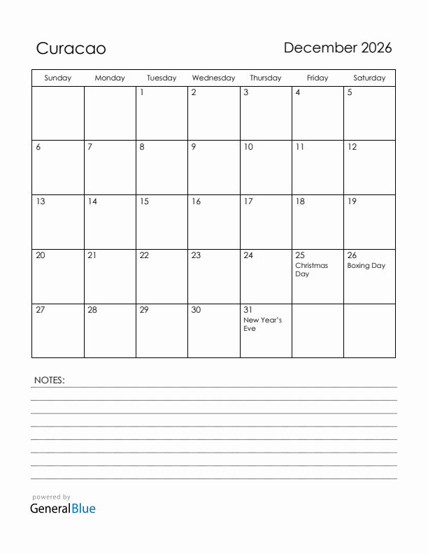 December 2026 Curacao Calendar with Holidays (Sunday Start)