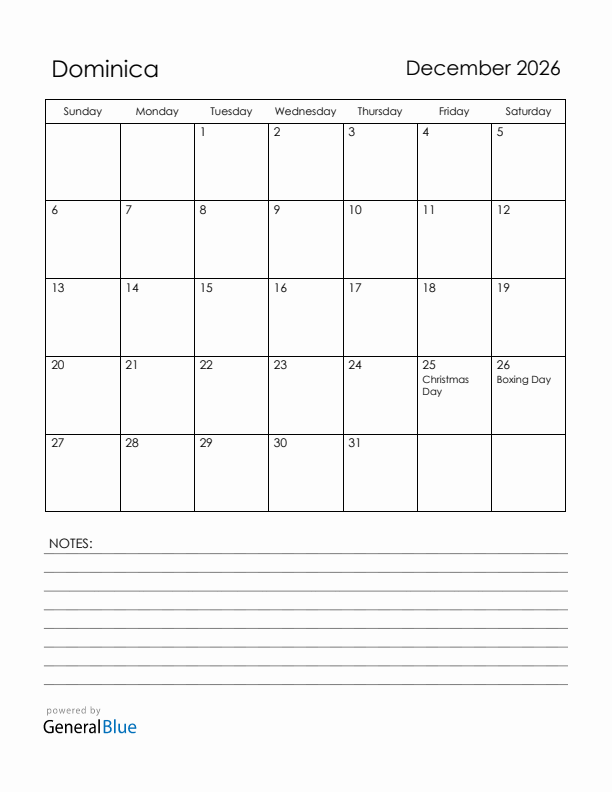December 2026 Dominica Calendar with Holidays (Sunday Start)