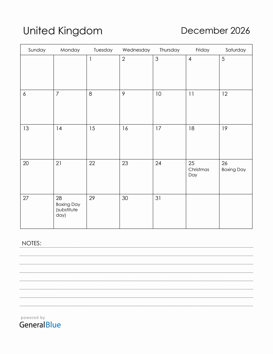 December 2026 United Kingdom Calendar with Holidays