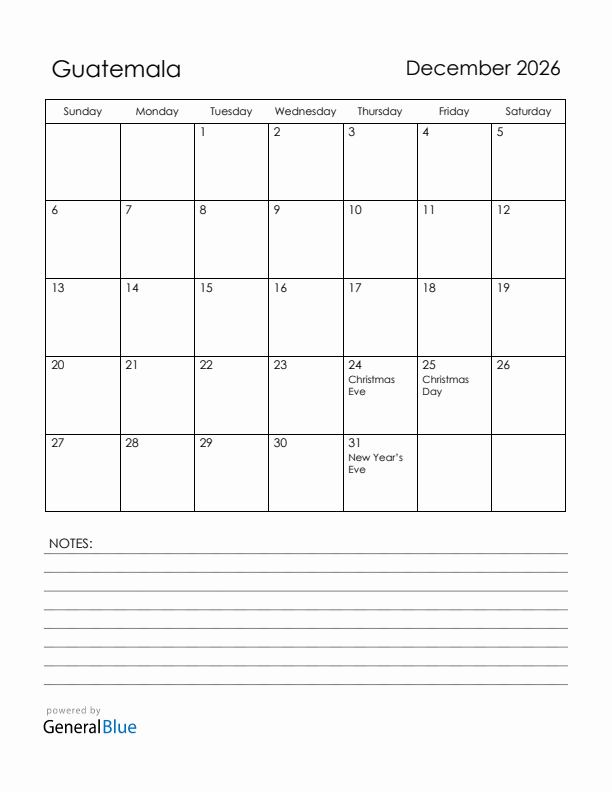 December 2026 Guatemala Calendar with Holidays (Sunday Start)