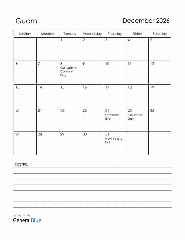 December 2026 Guam Calendar with Holidays (Sunday Start)