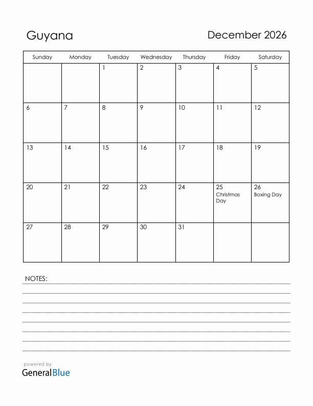 December 2026 Guyana Calendar with Holidays (Sunday Start)