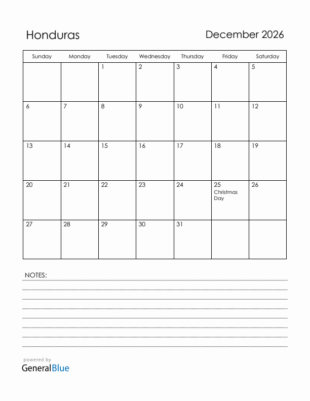 December 2026 Honduras Calendar with Holidays (Sunday Start)