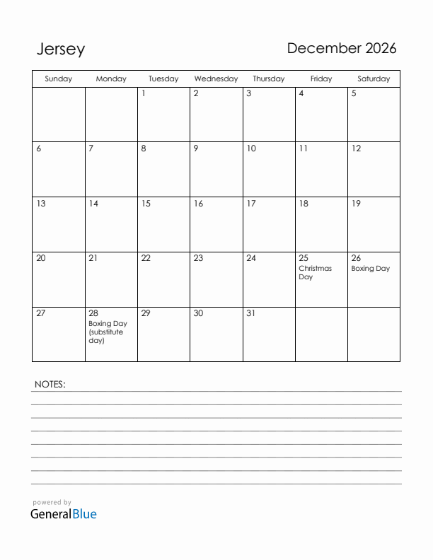 December 2026 Jersey Calendar with Holidays (Sunday Start)