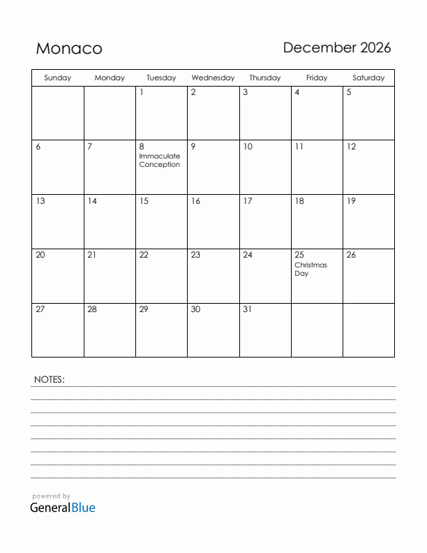 December 2026 Monaco Calendar with Holidays (Sunday Start)