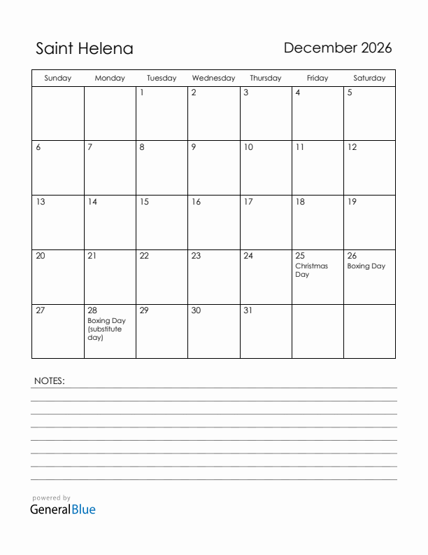 December 2026 Saint Helena Calendar with Holidays (Sunday Start)