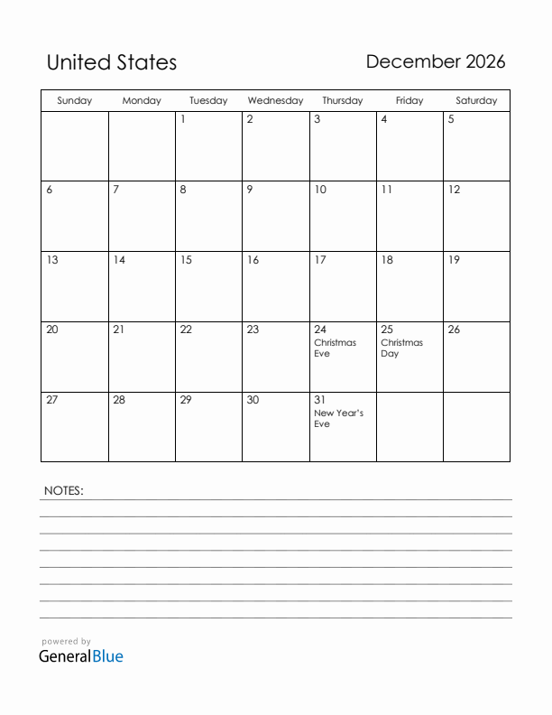December 2026 United States Calendar with Holidays (Sunday Start)