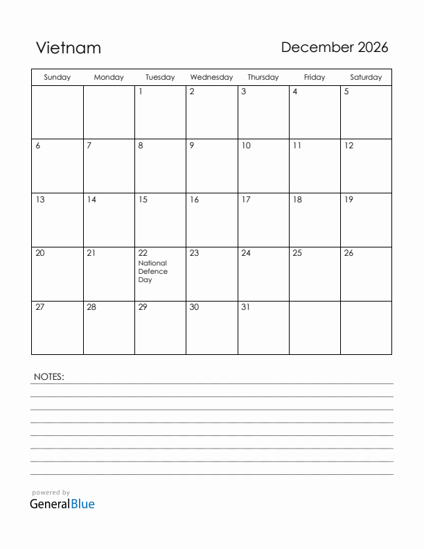 December 2026 Vietnam Calendar with Holidays (Sunday Start)