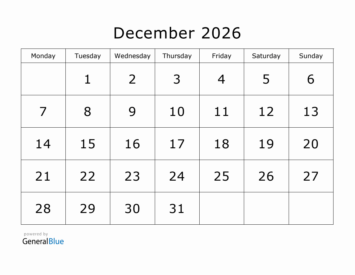 Printable December 2026 Calendar