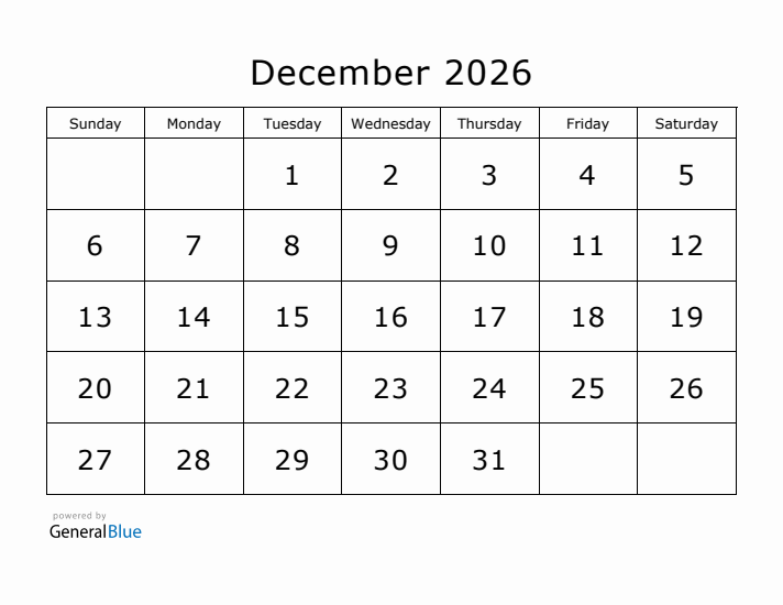 Printable December 2026 Calendar - Sunday Start