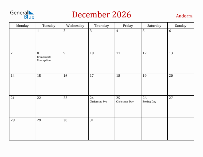 Andorra December 2026 Calendar - Monday Start
