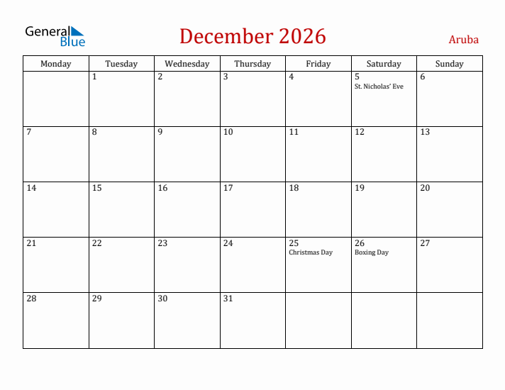 Aruba December 2026 Calendar - Monday Start