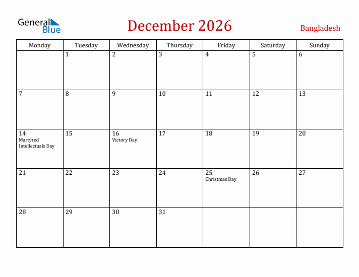 Bangladesh December 2026 Calendar - Monday Start