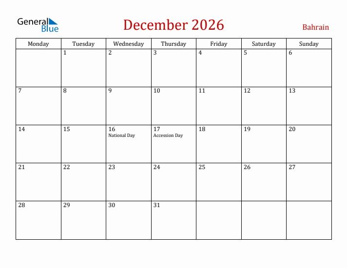 Bahrain December 2026 Calendar - Monday Start